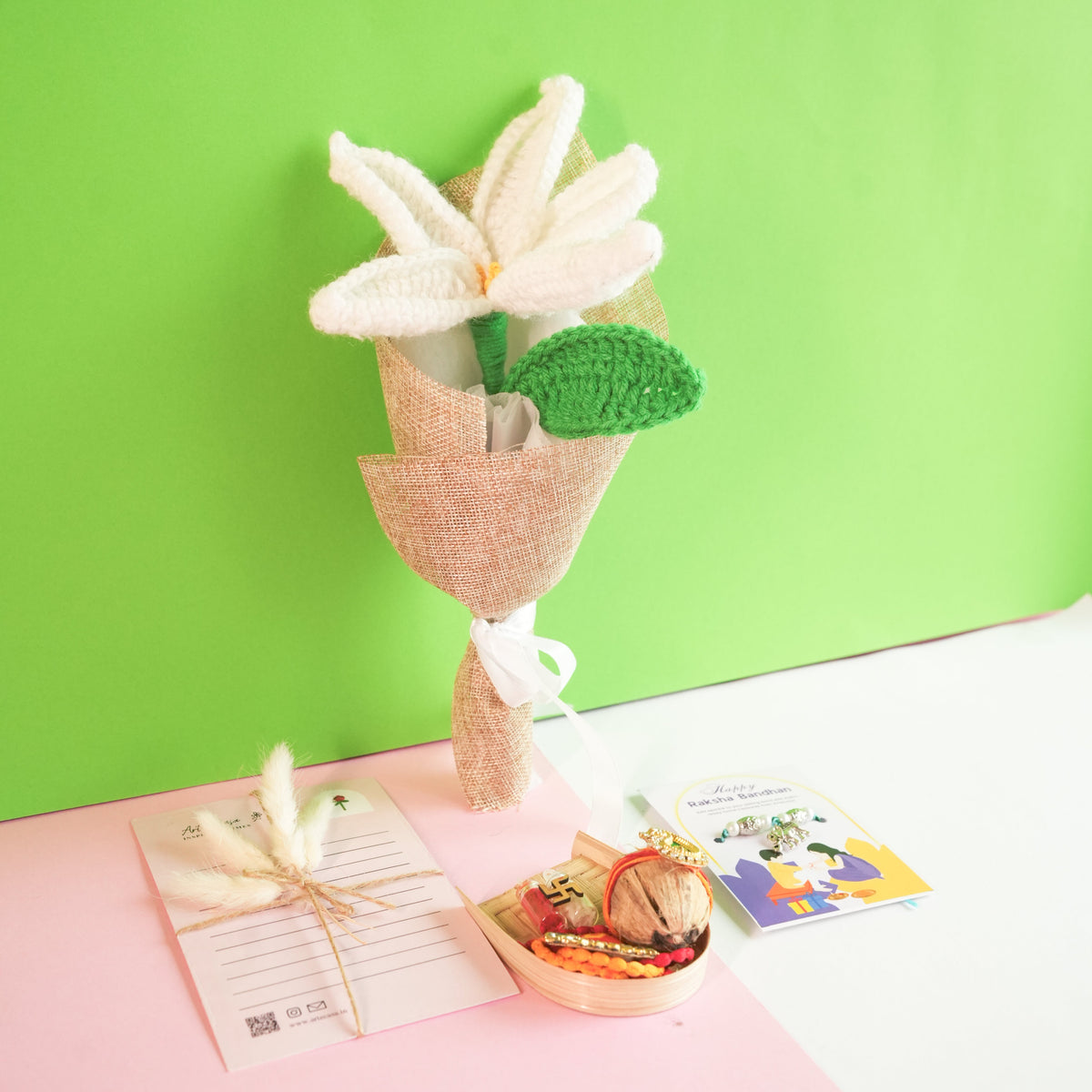 Handcrafted crochet lily Rakhi hamper (White) - https://artecasa.in/