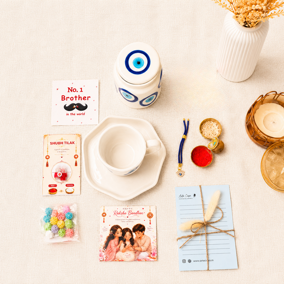 Blue Protection Rakhi Hamper | Evil Eye Rakhi Gift Basket for Brother & Bhabhi - https://artecasa.in/