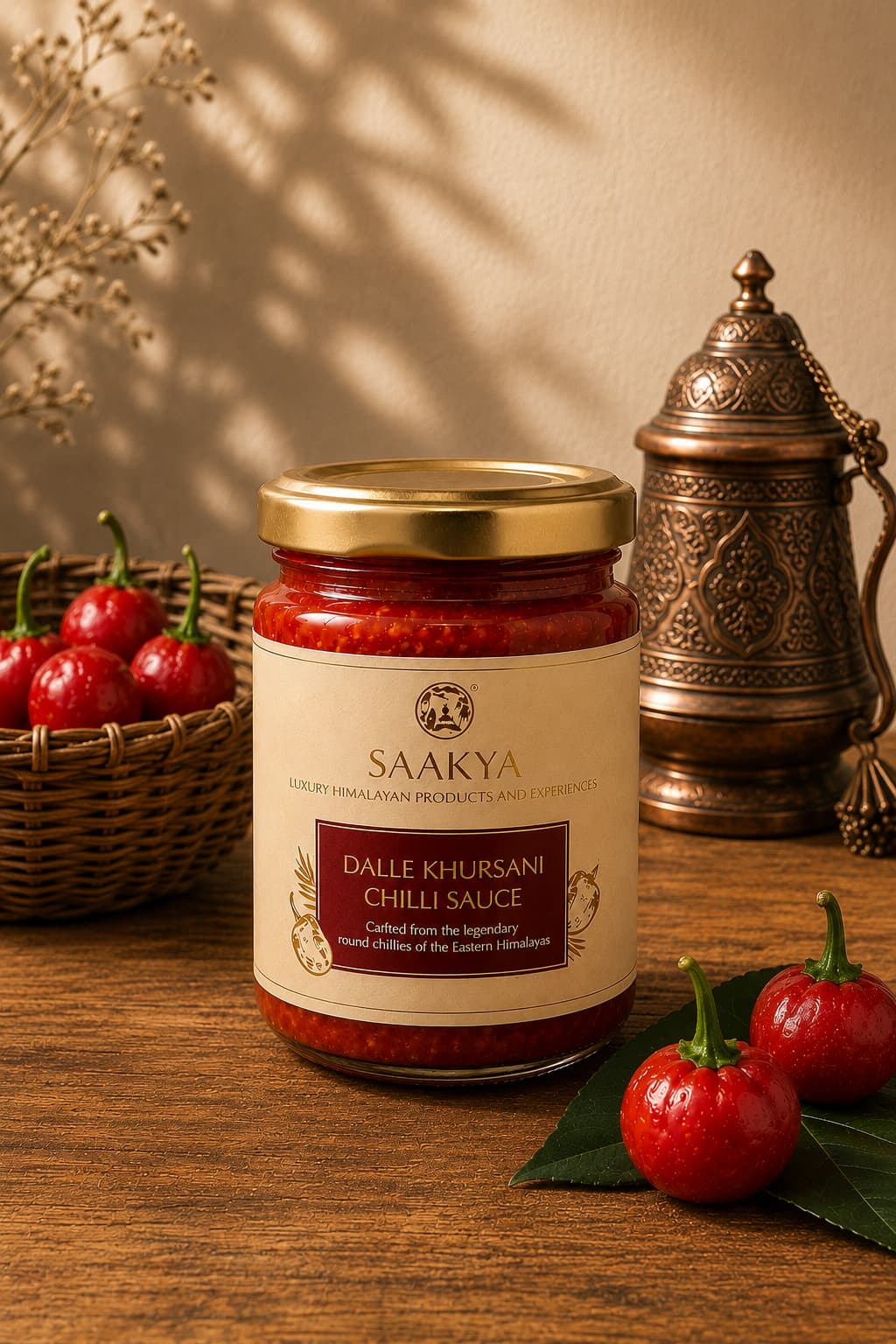 Saakya Himalayan Dalle Khursani Chilli Sauce crafted with authentic Himalayan round chillies.