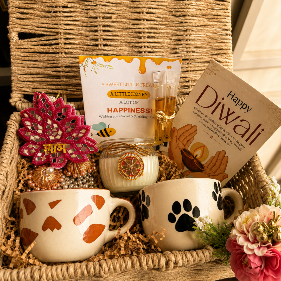 Paws & Panda Festive Mug Gift Hamper | Dog & Panda Mugs with Diwali Candle - https://artecasa.in/