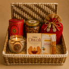 Ruby Glow Golden & White Festive Gift Basket | Diwali Hamper with Dry Fruits & Candle - https://artecasa.in/