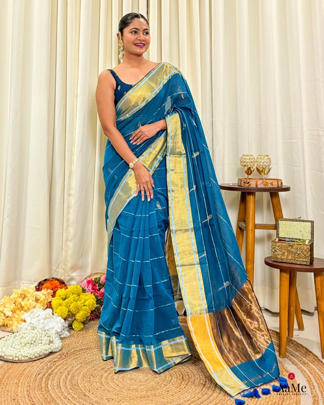 Women wearing soft blue mulmul saree in breathable cotton
