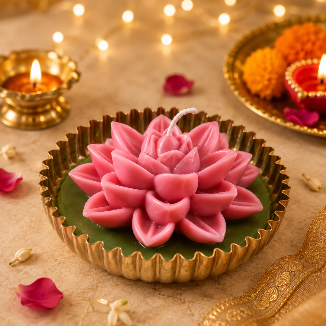 Mehfil Bloom Green & Pink Urli Flower Candle – Festive Diwali Décor - https://artecasa.in/
