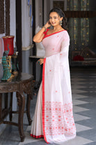 Handloom White Pure Cotton Laal Paar Jamdani Saree-Sutra Art of Clothing