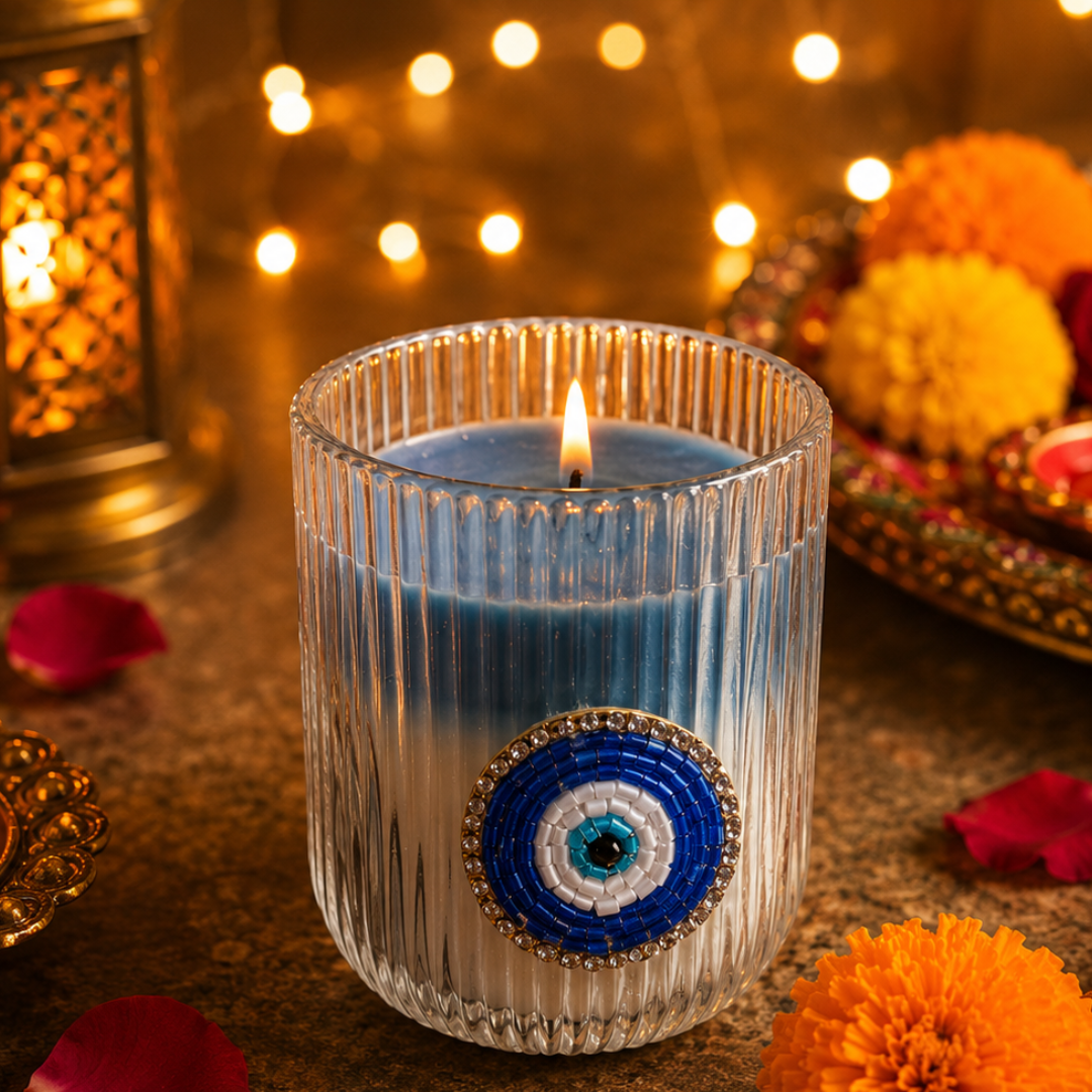 Nazar Glow Evil Eye Decorative Candle | Oudh Saffron Soy Wax Candle - https://artecasa.in/