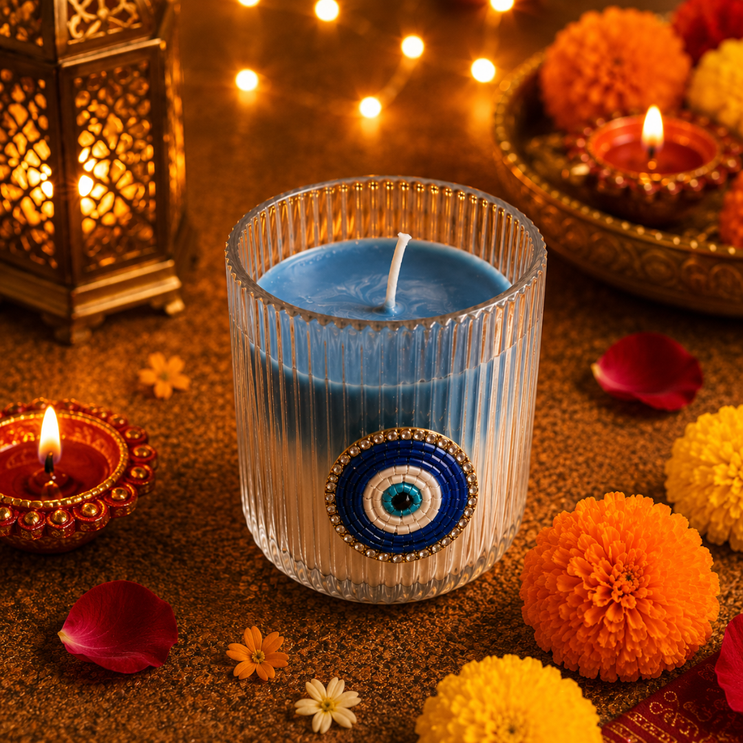 Nazar Glow Evil Eye Decorative Candle | Oudh Saffron Soy Wax Candle - https://artecasa.in/
