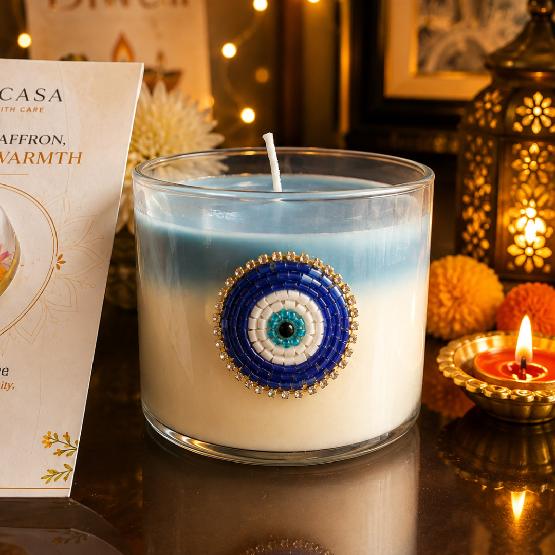 Nazar Halo Round Decorative Candle | Oudh Saffron Soy Wax Candle - https://artecasa.in/