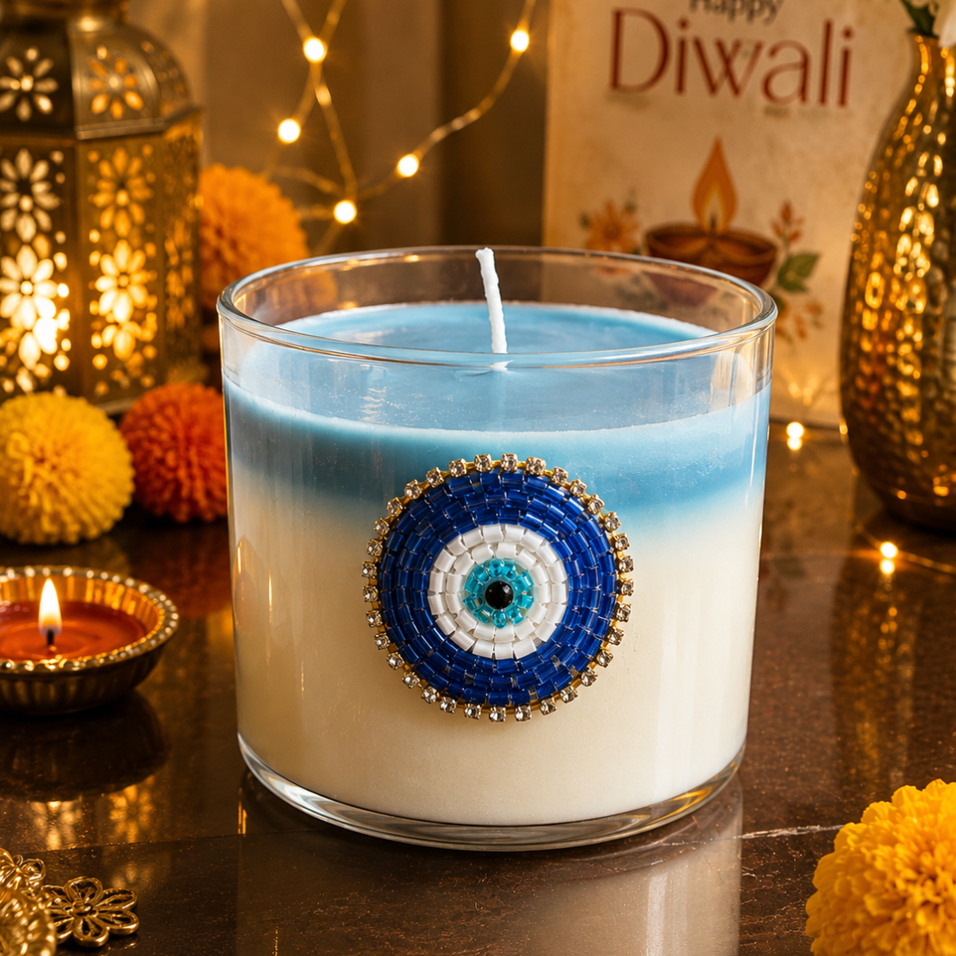 Nazar Halo Round Decorative Candle | Oudh Saffron Soy Wax Candle - https://artecasa.in/