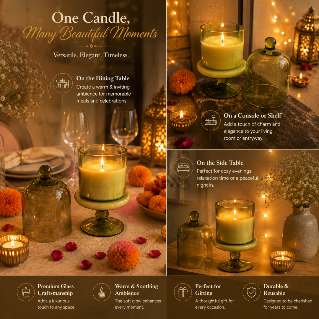 Verdant Glow Green Glass Jar Candle | Oudh Soy Wax Candle - https://artecasa.in/