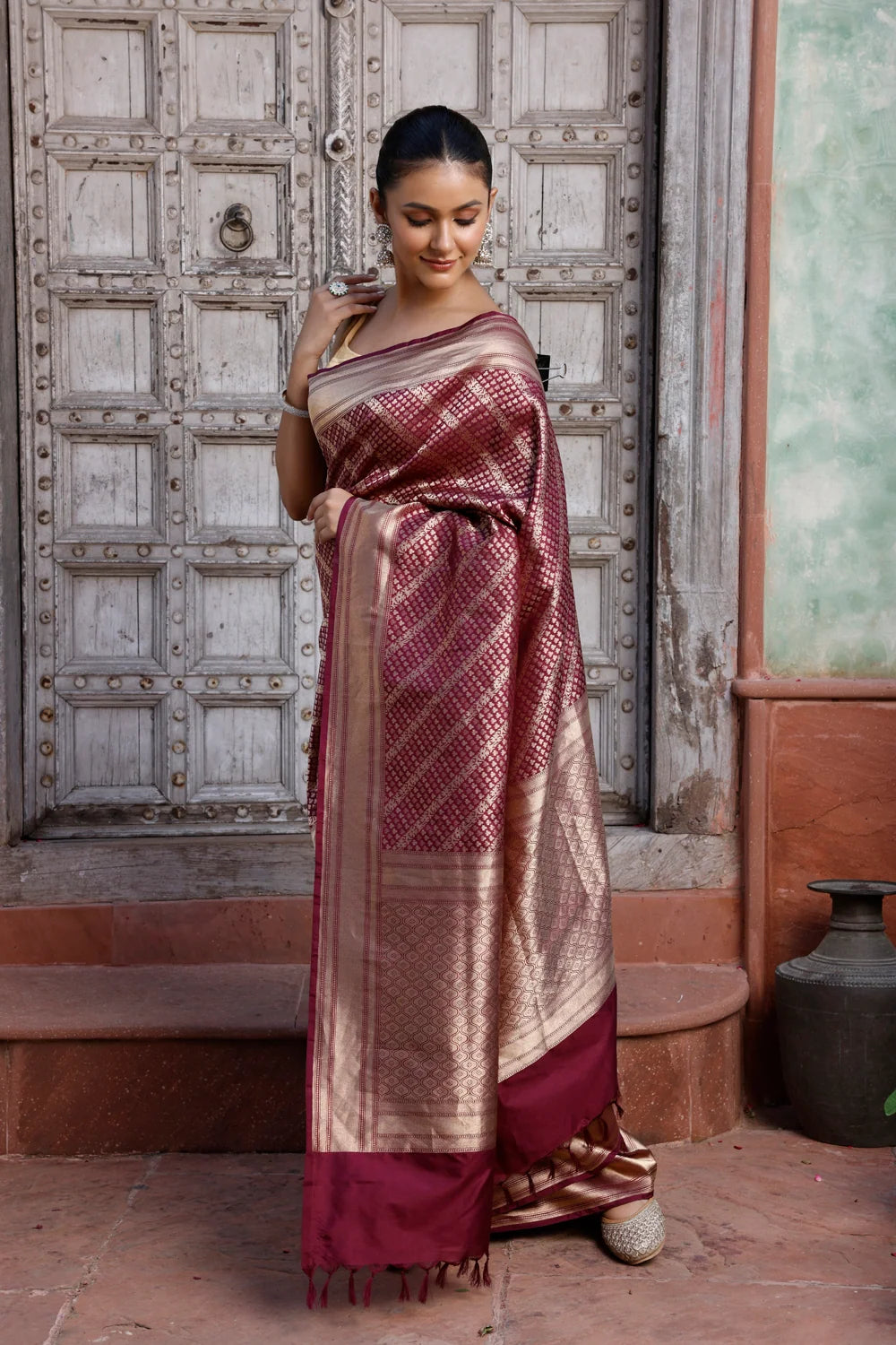 Handloom Wine Pure Silk Brocade Banarasi Saree-Sutra Art of Clothing