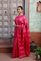 Pink Handloom Tussar Silk Saree With Pink Stripes Border