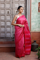 Pink Handloom Tussar Silk Saree With Pink Stripes Border
