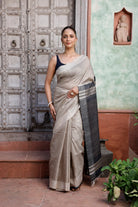 Handloom Beige Pure Silk Saree with White Stripes and Black Pallu
