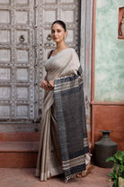 Handloom Beige Pure Silk Saree with White Stripes and Black Pallu