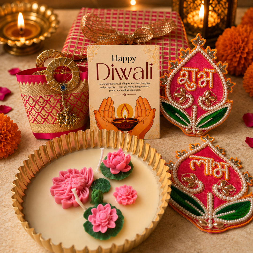 Shubh Labh Pink Celebration Gift Box | Urli Candle, Almonds & Diwali Hamper - https://artecasa.in/