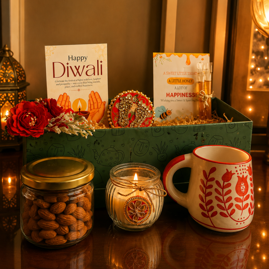 Green Harvest Celebration Gift Box | Mug, 100g Almonds & Soy Wax Candle - https://artecasa.in/