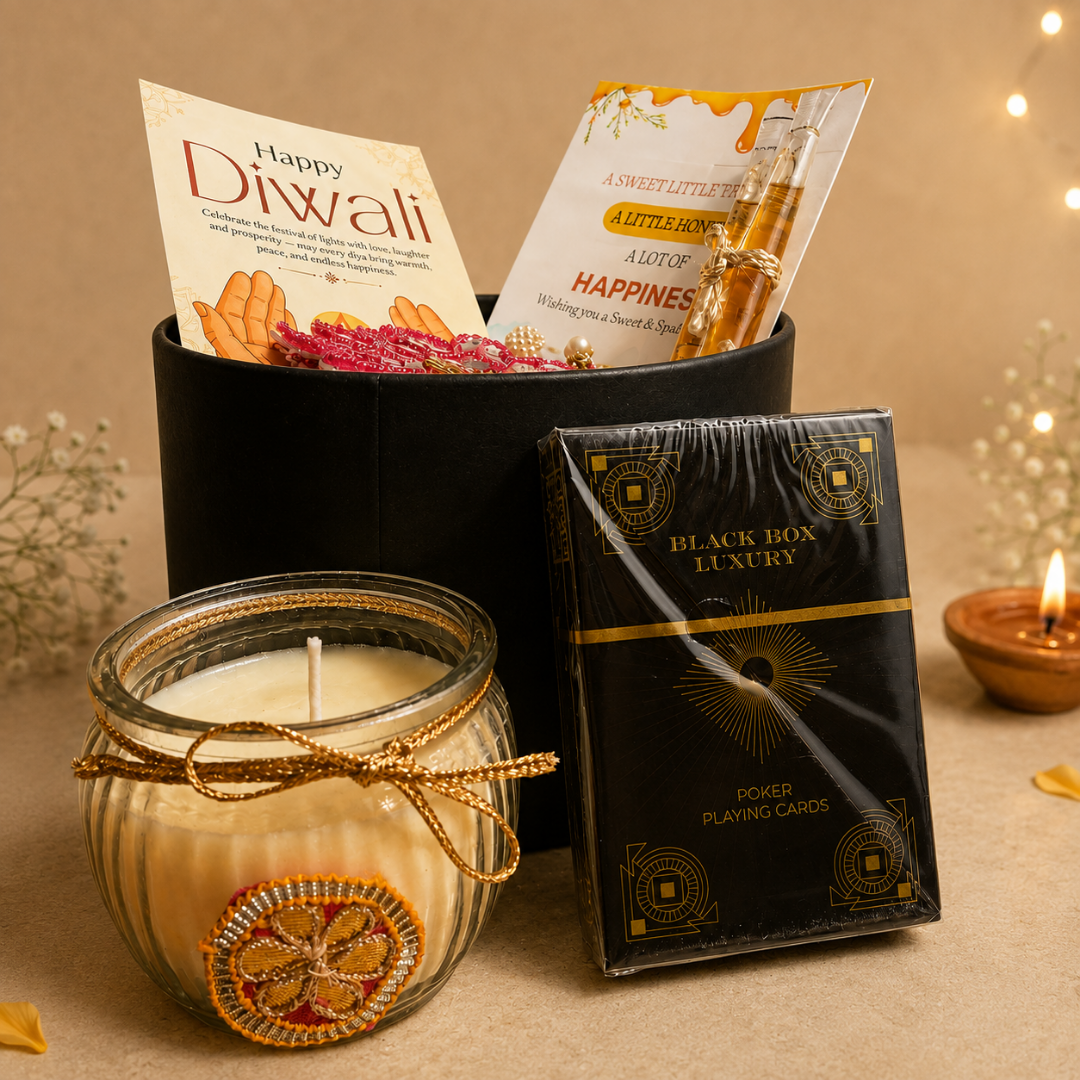 Midnight Royale Playing Cards Gift Box | Diwali Gift Hamper with Matka Candle - https://artecasa.in/