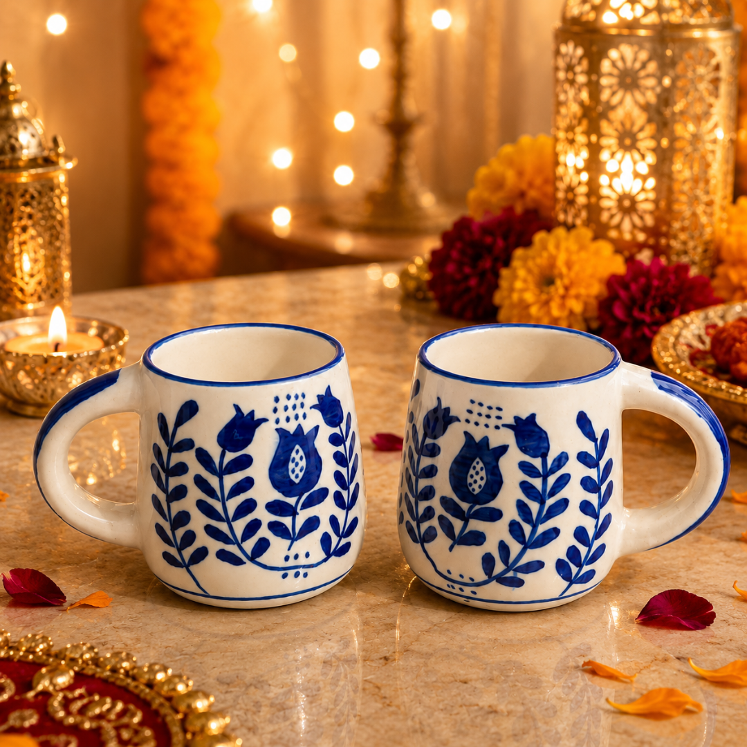 Ocean Bloom Blue Ceramic Mug Set of 2 | Elegant Blue Coffee Mugs - https://artecasa.in/