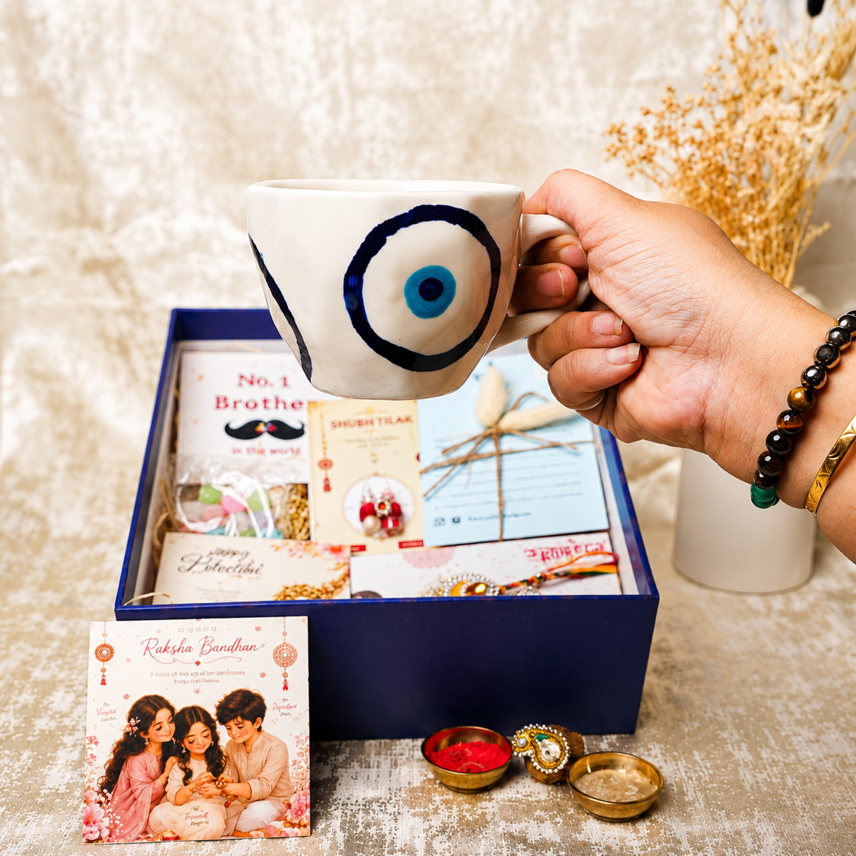 Artecasa Evil Eye Blessings Rakhi Hamper | Premium Bhai Bhabhi Raksha Bandhan Gift Hamper - https://artecasa.in/