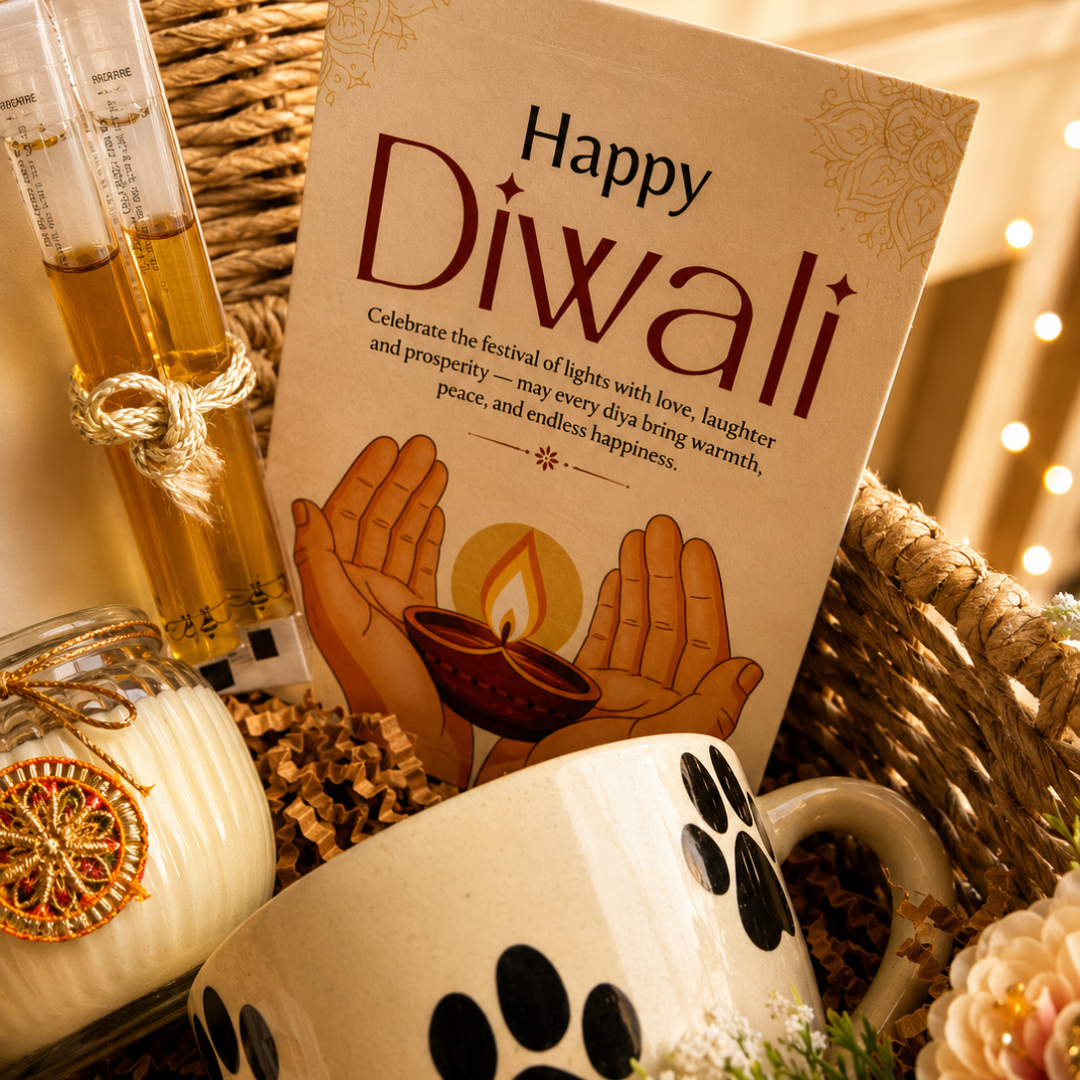 Paws & Panda Festive Mug Gift Hamper | Dog & Panda Mugs with Diwali Candle - https://artecasa.in/