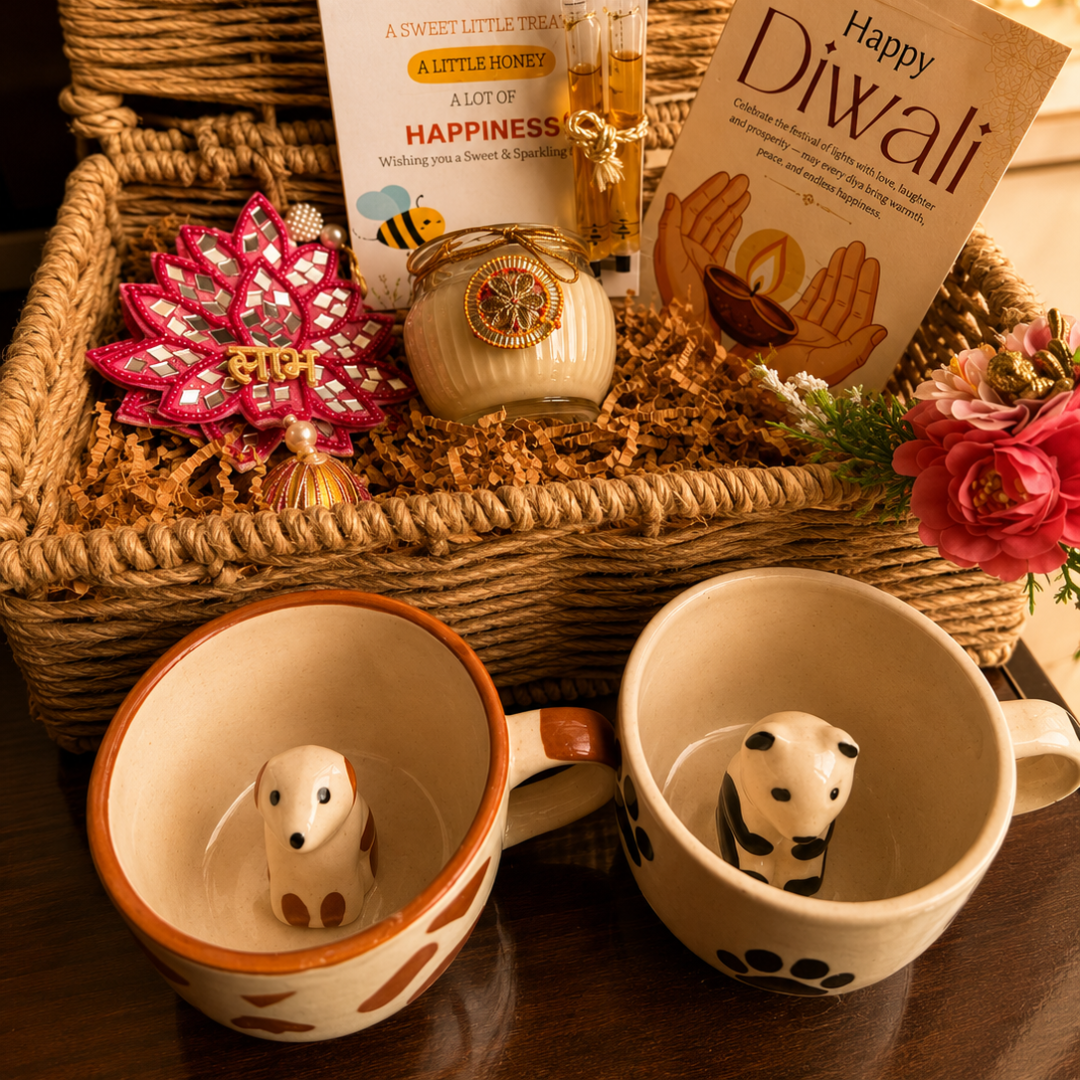 Paws & Panda Festive Mug Gift Hamper | Dog & Panda Mugs with Diwali Candle - https://artecasa.in/