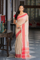 Handloom Beige & Red  Cotton Zari Jamdani Saree-Sutra Art of Clothing