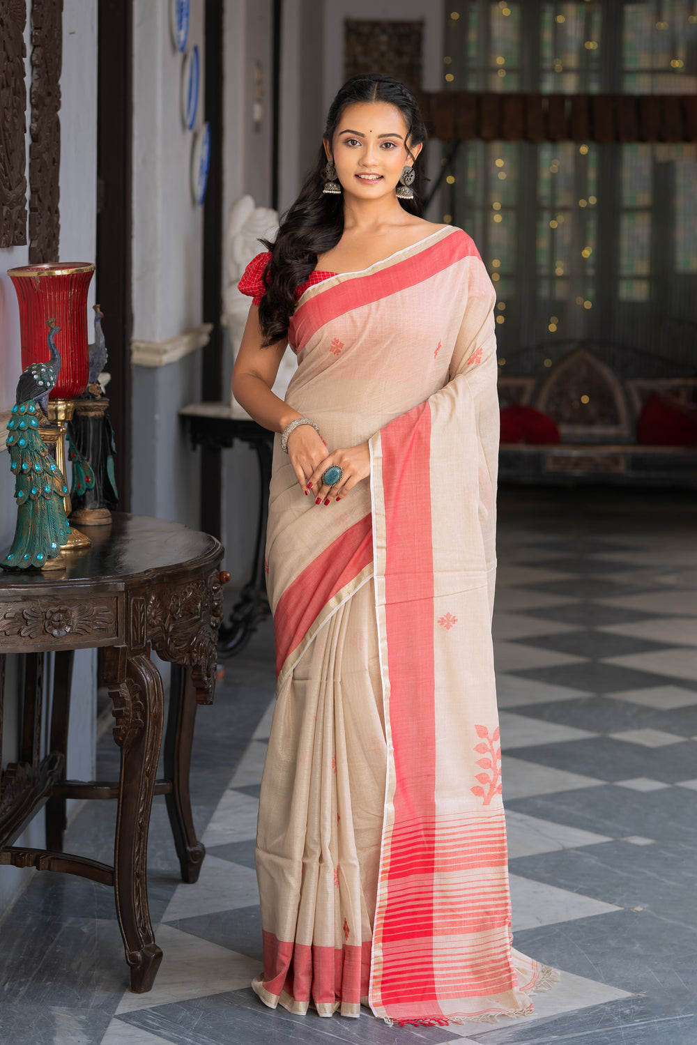 Handloom Beige & Red  Cotton Zari Jamdani Saree-Sutra Art of Clothing