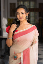 Handloom Beige & Red  Cotton Zari Jamdani Saree-Sutra Art of Clothing