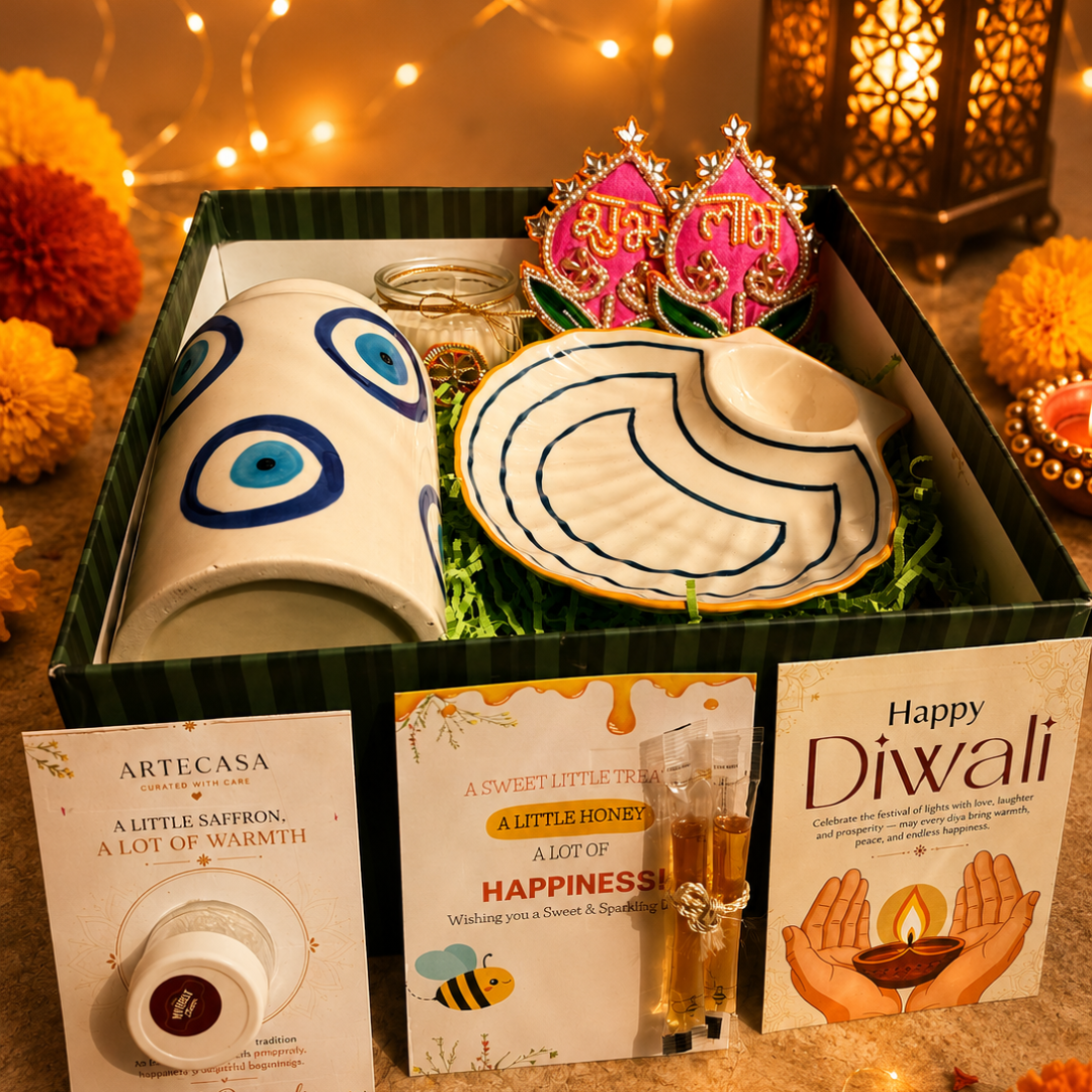 Emerald Nazar Luxe Gift Box | Evil Eye, Seashell Platter & Diwali Candle Hamper - https://artecasa.in/