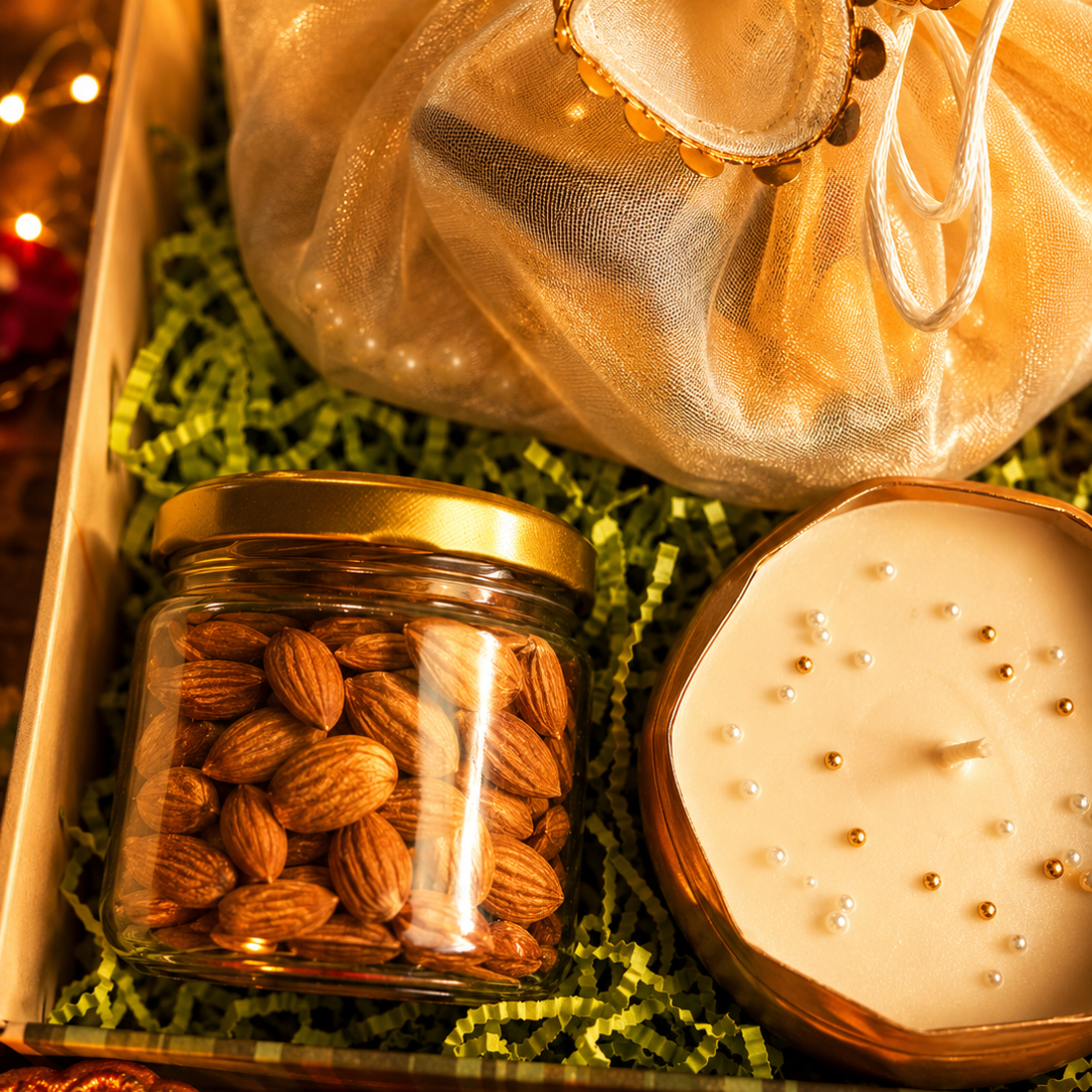 Emerald Festive Harvest Gift Box | Premium Diwali Hamper with Pomegranate, Dry Fruits & Urli Candle - https://artecasa.in/