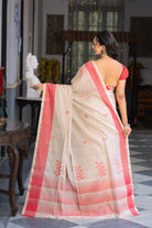 Handloom Beige & Red  Cotton Zari Jamdani Saree-Sutra Art of Clothing