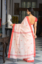 Handloom Peach & Red Mul Cotton Jamdani Saree-Sutra Art of Clothing
