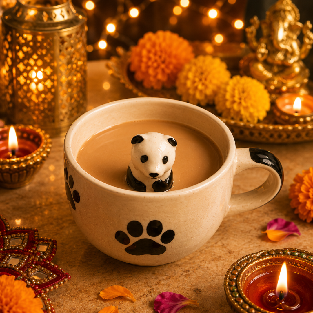 Paws & Panda Festive Mug Gift Hamper | Dog & Panda Mugs with Diwali Candle - https://artecasa.in/