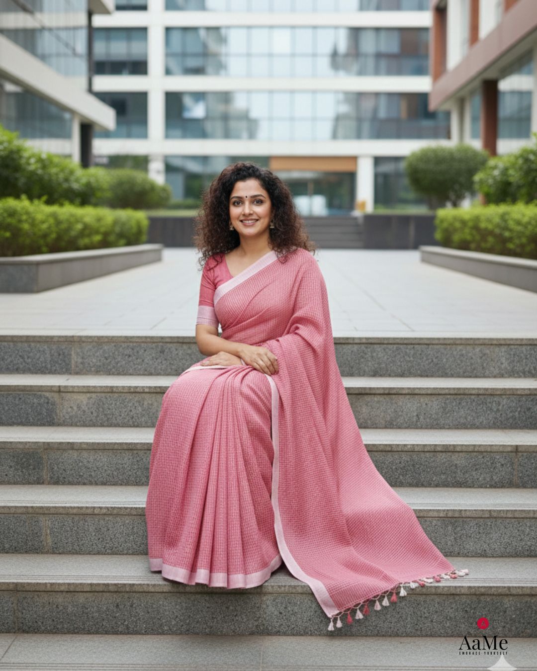 Woman wearing Vamika handloom saree perfect for a professional office look