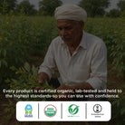 Man in a field with text about product certification and logos at the bottom.
