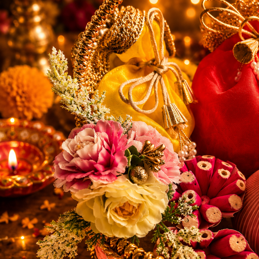 Rangoli Pink & Festive Potli Gift Basket | Shubh Labh & Almonds Diwali Hamper - https://artecasa.in/