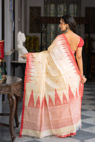 Handloom Beige & Red Pure Tussar Silk Jamdani Saree-Sutra Art of Clothing