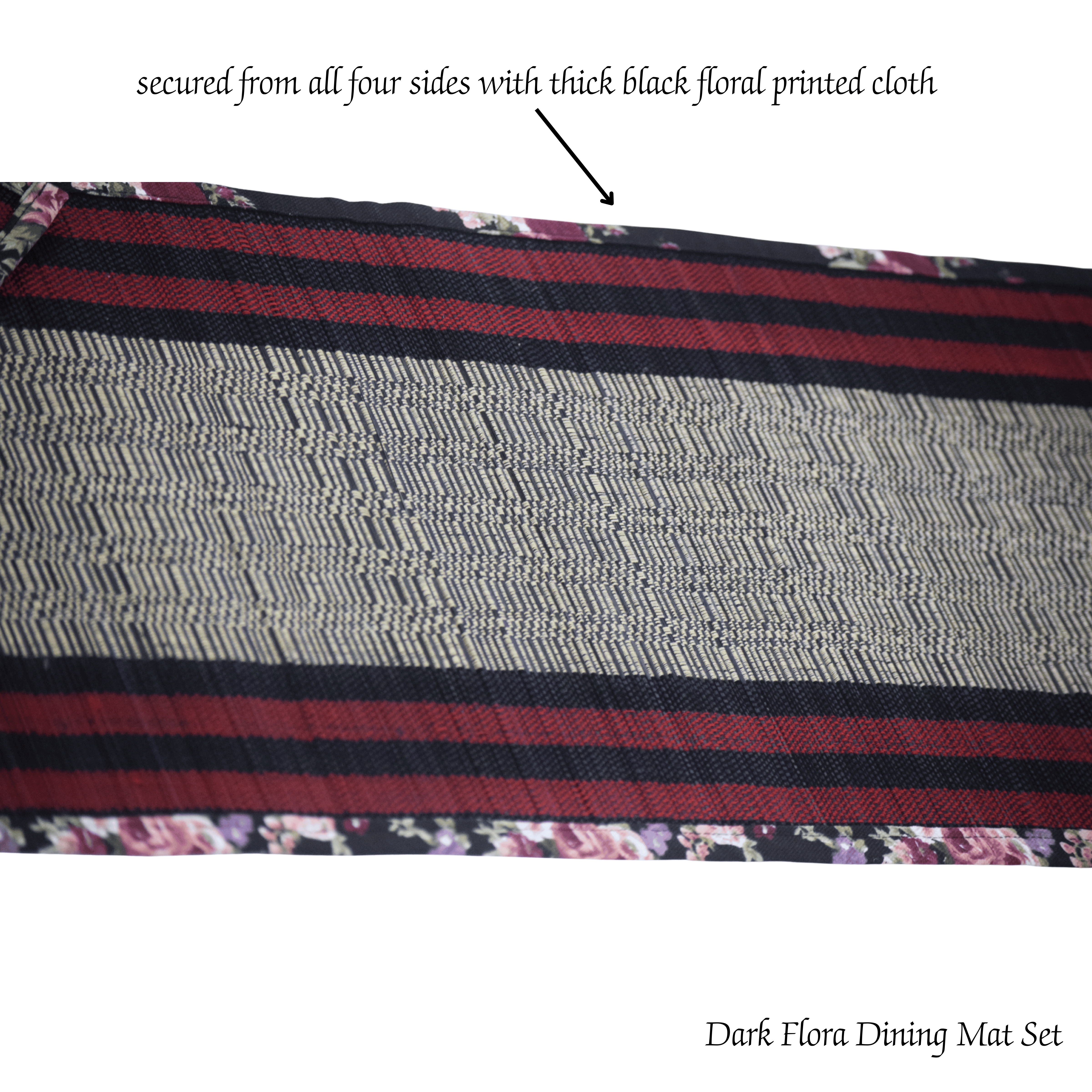 Dark Flora Dining Mat Set with floral printed cloth on a white background
