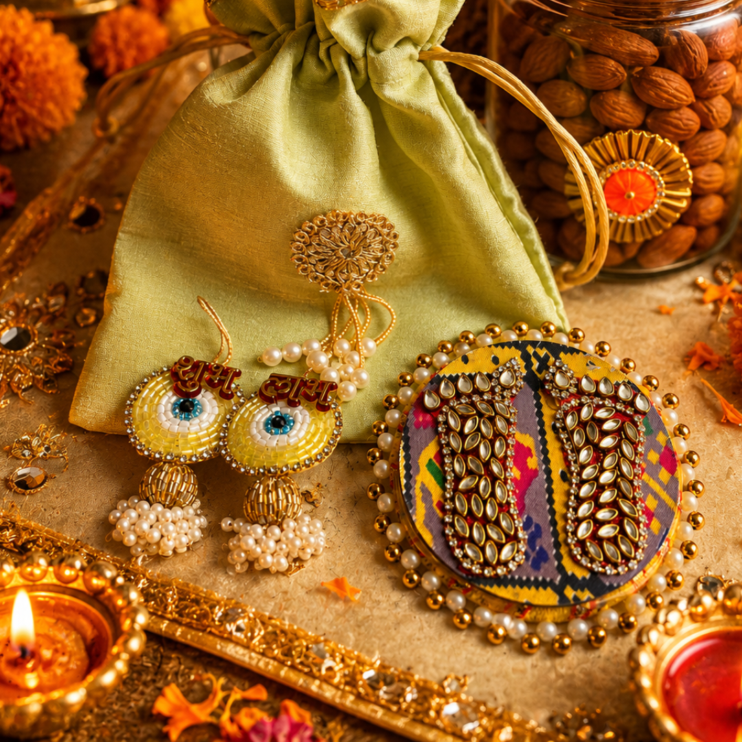 Rangoli Multicolor Jute Gift Basket | Mata Laxmi Charan, Shubh Labh & Candle - https://artecasa.in/