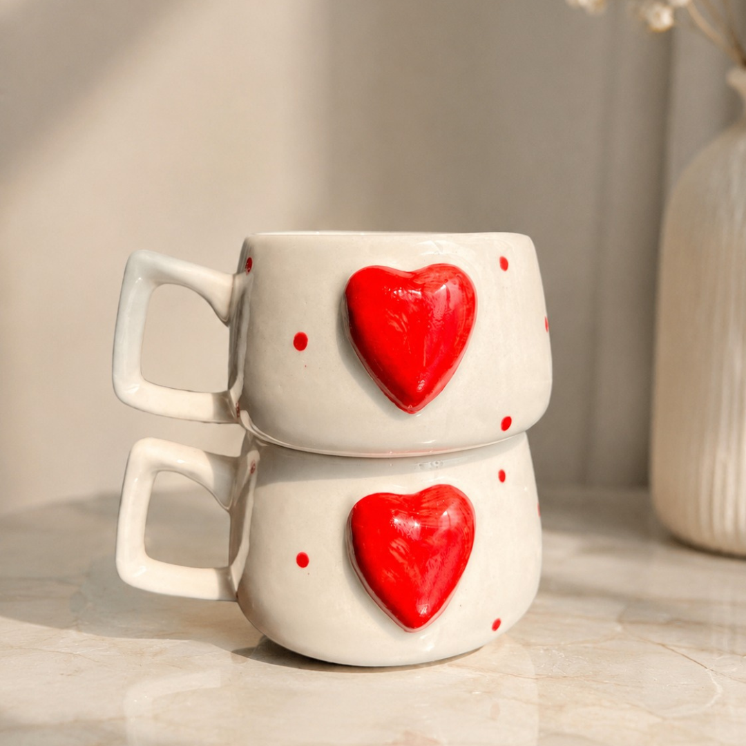 Heartfelt Duo Heart Design Ceramic Mug Set | Set of 2 Heart Mugs - https://artecasa.in/