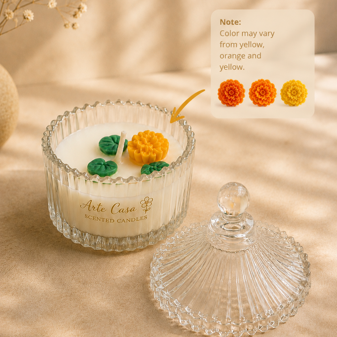 Meadow Duo Yellow & Green Glass Candle Set | Mini Genda Flower Scented Candles - https://artecasa.in/