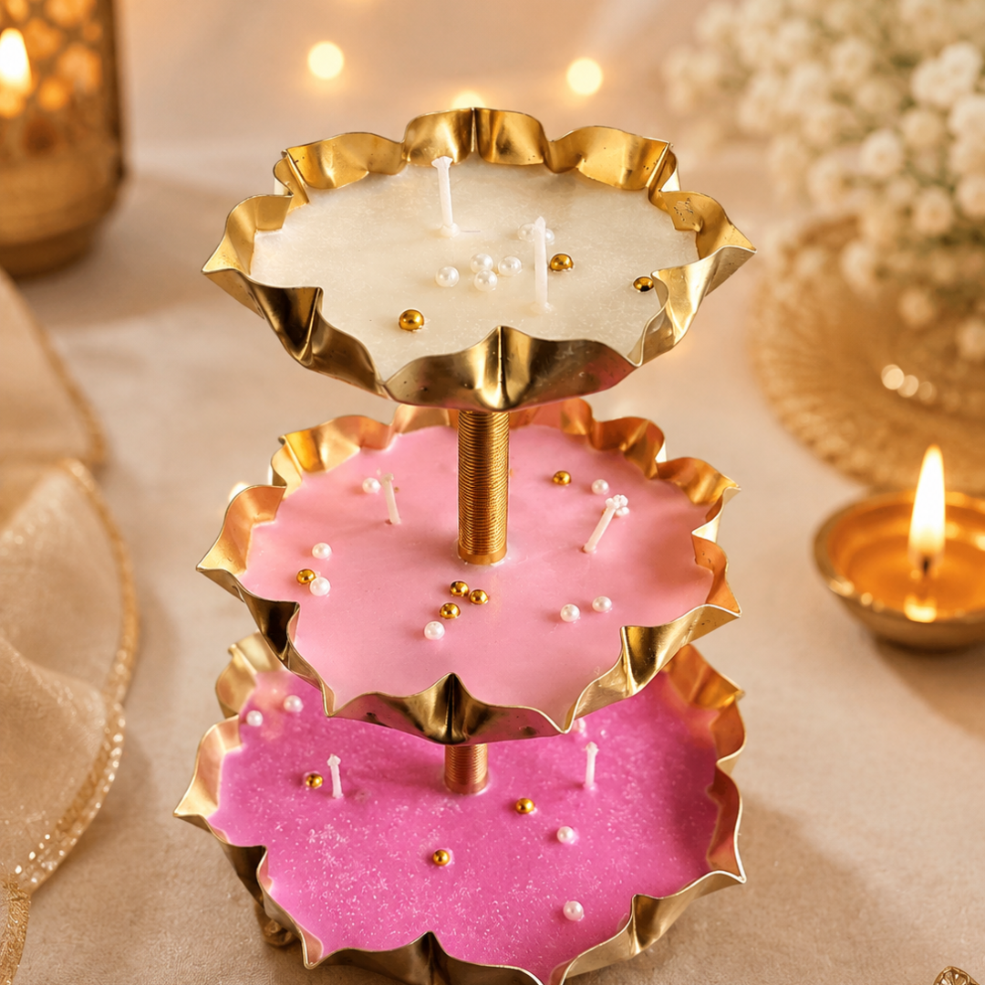Triple Radiance 3-Tier Urli Candle | Pearl Detail Festive Candle - https://artecasa.in/