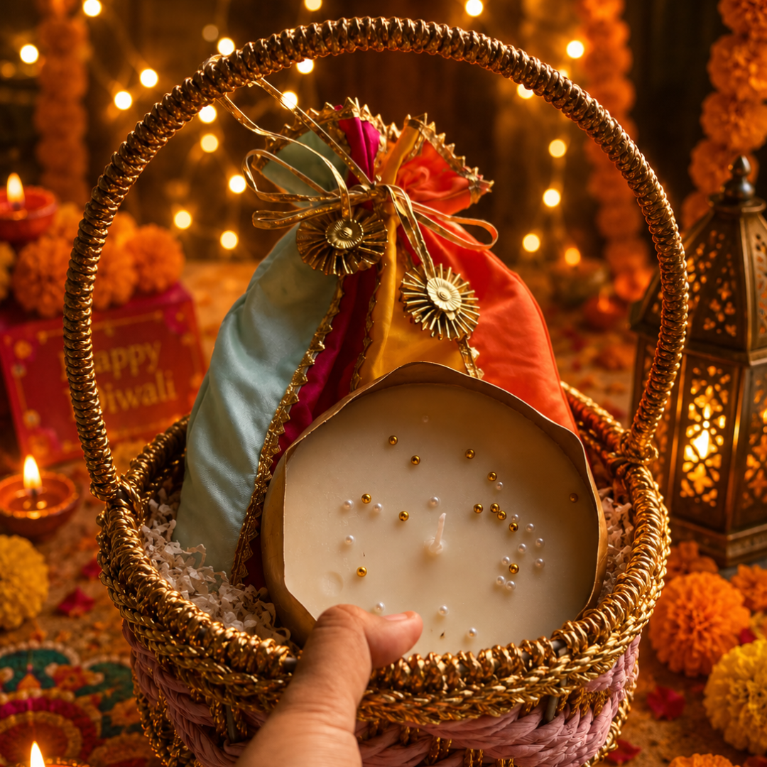 Gulab Glow Pink Festive Gift Basket | Urli Soy Wax Candle & Diwali Décor Hamper - https://artecasa.in/