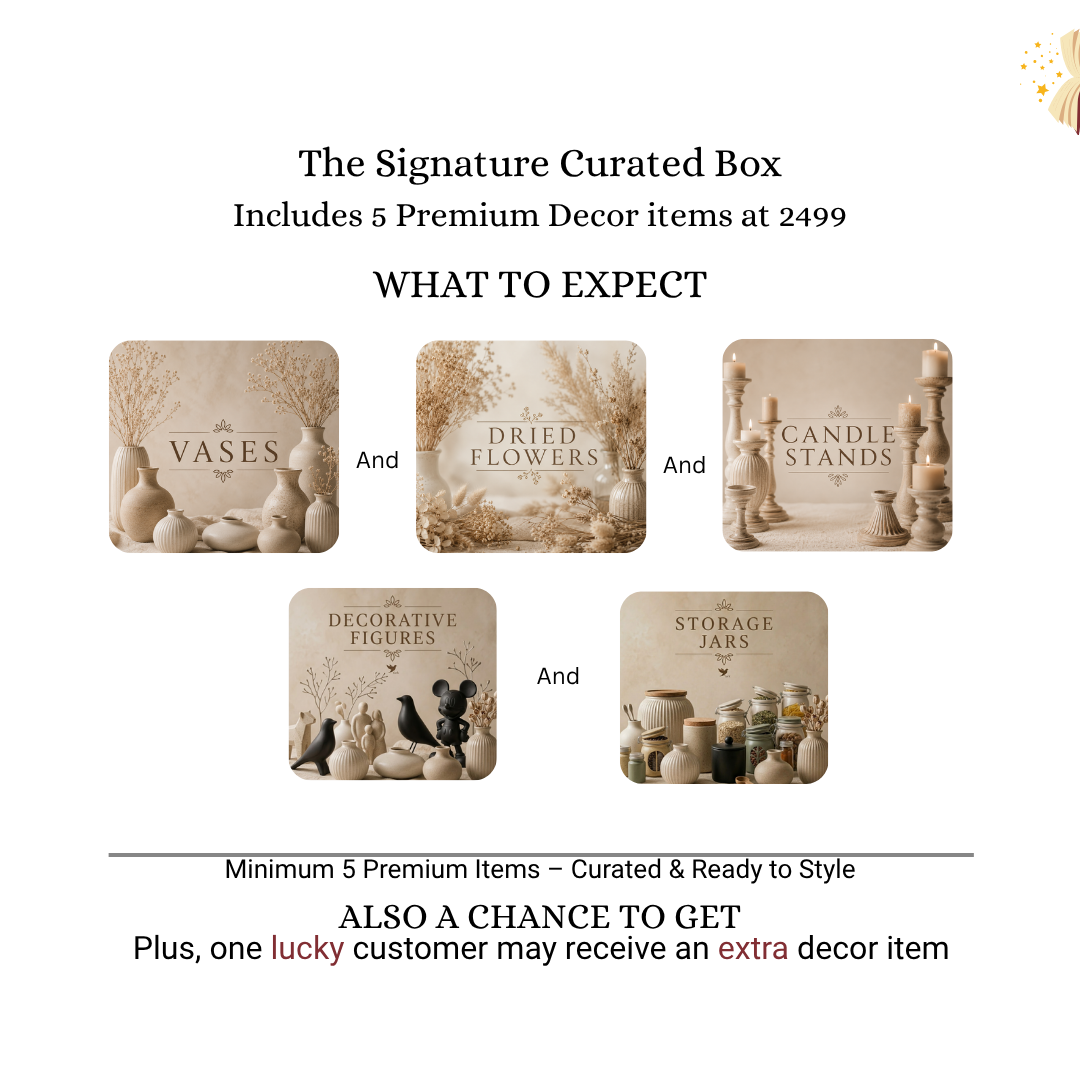 Curated mystery box featuring decorative figurines, storage jars, candle holders and vase decor