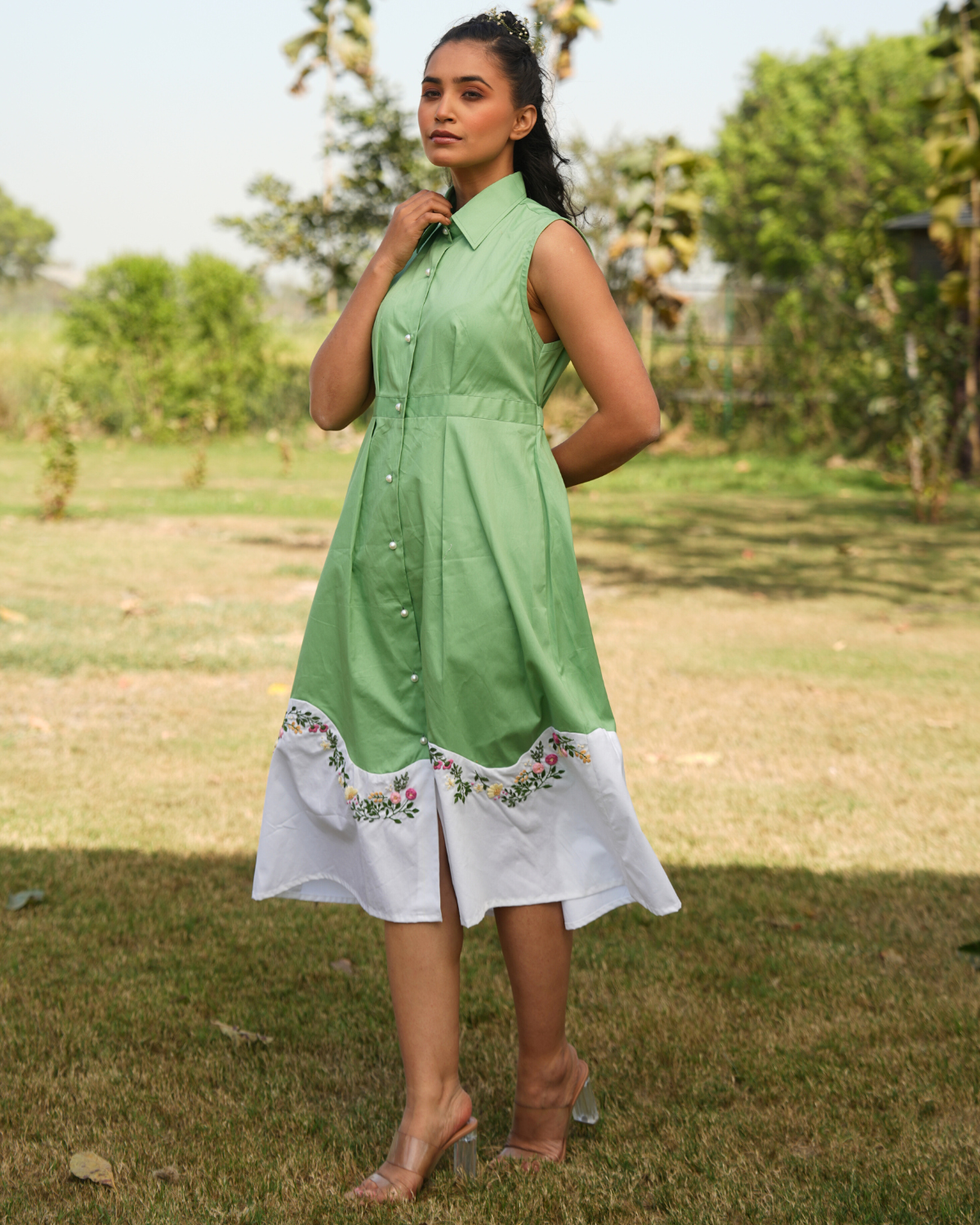 Bhumi Hand-Embroidered Midi Dress – hand-embroidered 100% cotton – RASRA MAI