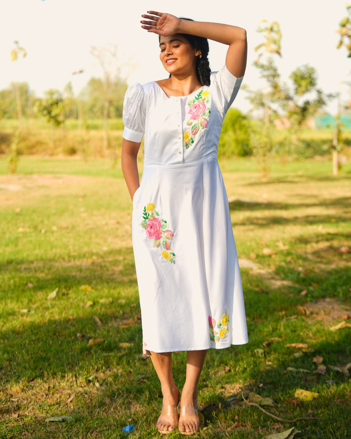 Jiyyaa Hand-Embroidered Midi Dress – hand-embroidered 100% cotton – RASRA MAI
