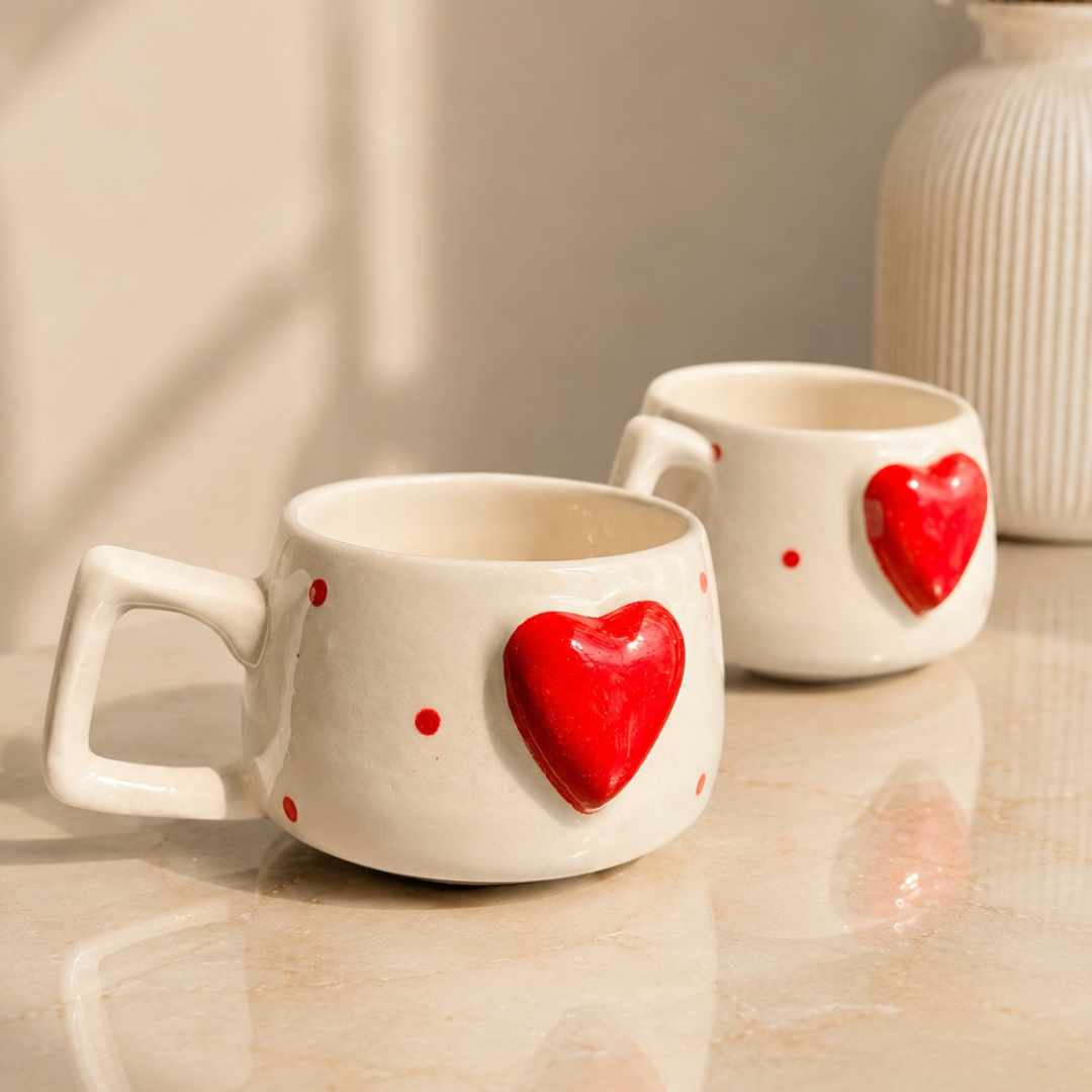 Heartfelt Duo Heart Design Ceramic Mug Set | Set of 2 Heart Mugs - https://artecasa.in/