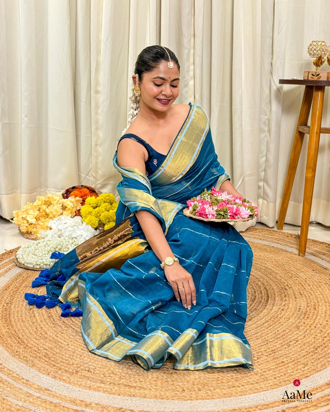 Women wearing soft blue mulmul saree in breathable cotton by ShopAaMe
