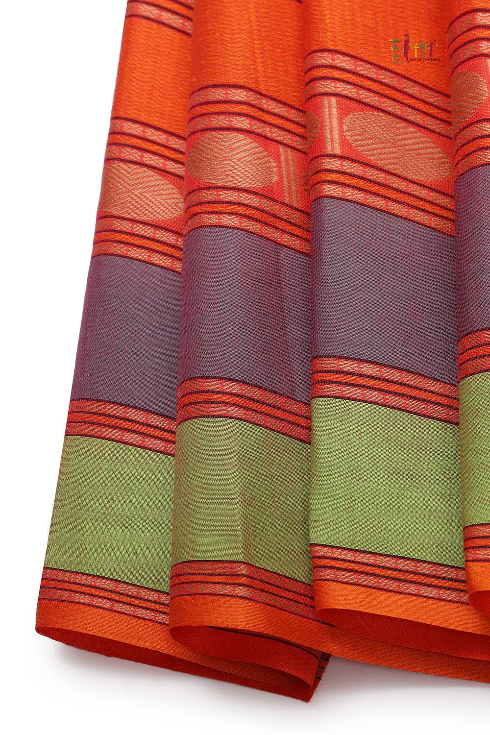 Handloom Royal Orange Pure Cotton Kanchi Saree-Sutra Art of Clothing