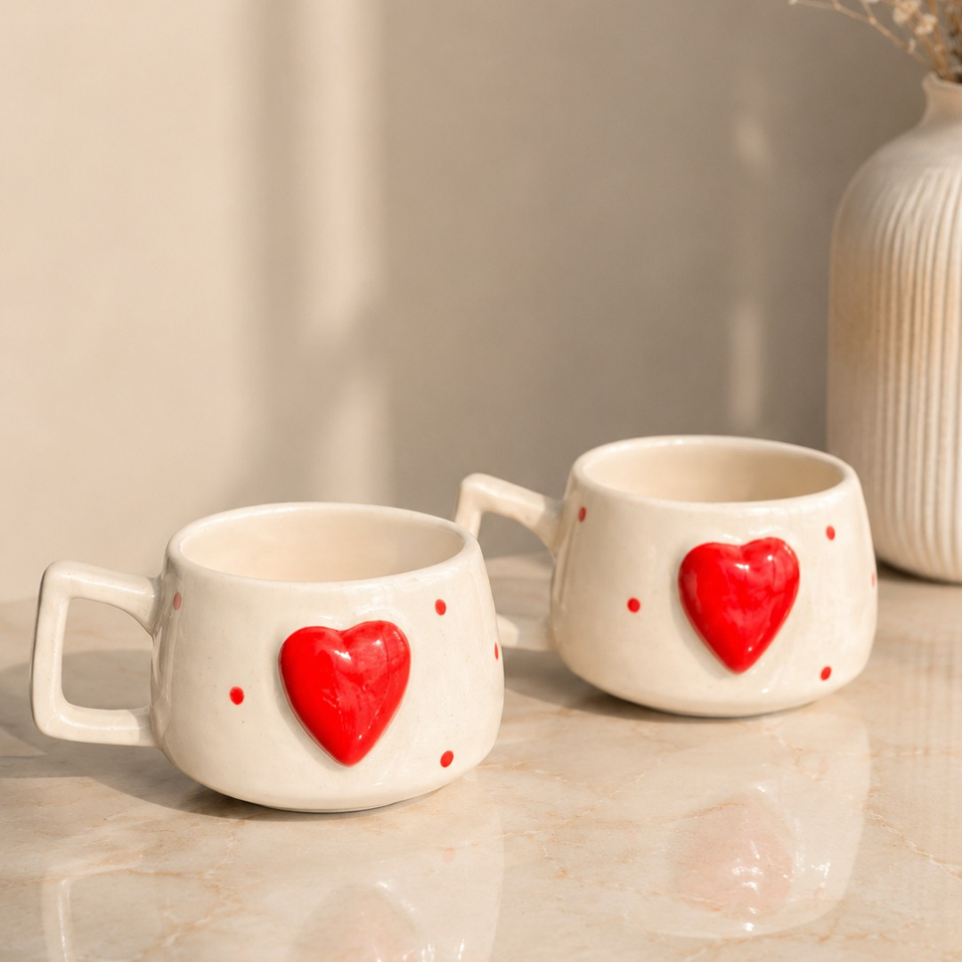 Heartfelt Duo Heart Design Ceramic Mug Set | Set of 2 Heart Mugs - https://artecasa.in/